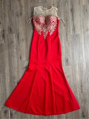 Red and Gold Embroidered Illusion Neck Prom Evening Gown